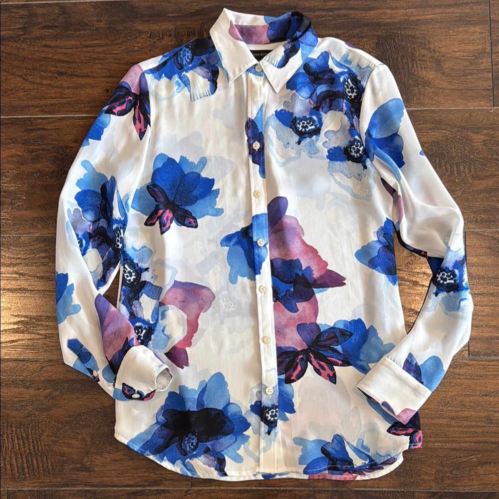 Banana Republic White Blouse with Blue & Purple Floral Print